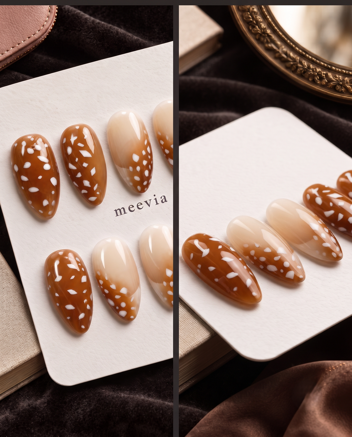 Brown and nude ombre press-on nails with glossy white spotted details