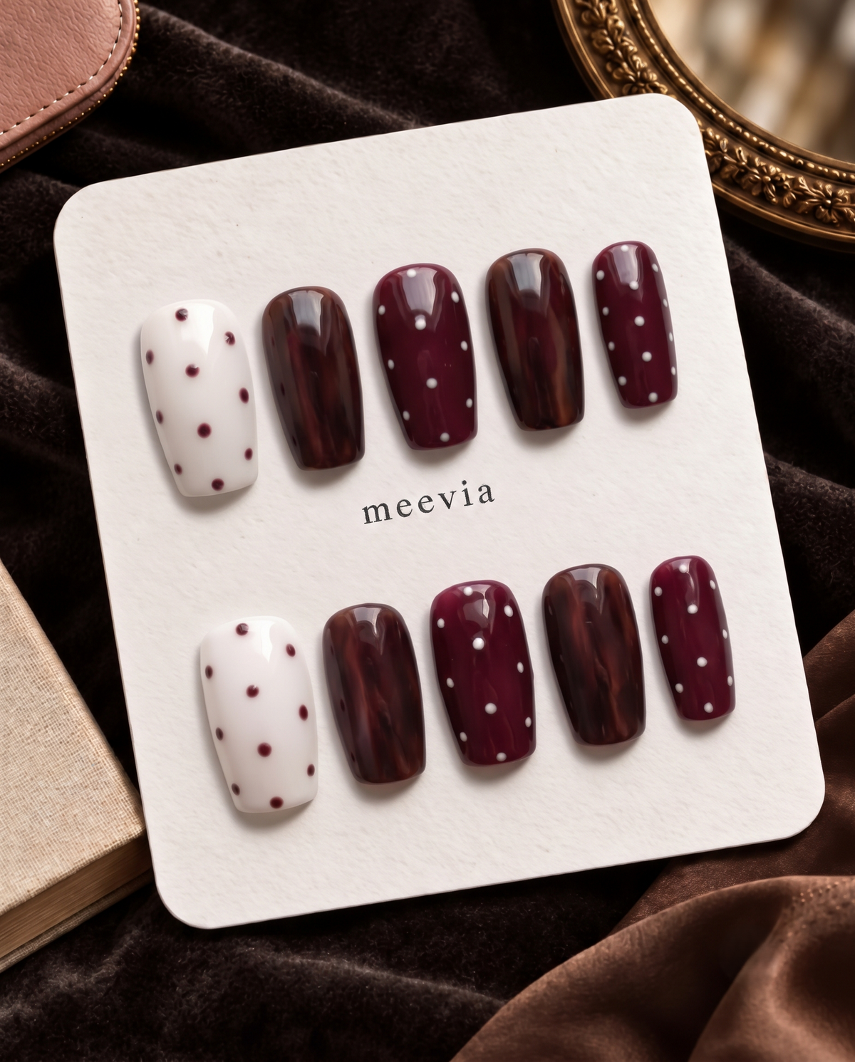 Burgundy and cream glossy polka dot almond press-on nails