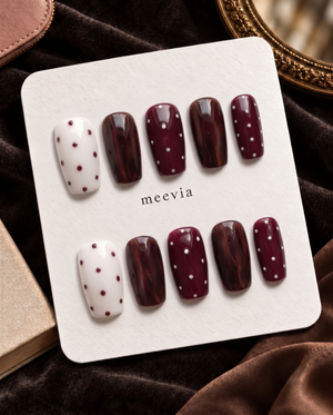 Burgundy and cream glossy polka dot almond press-on nails