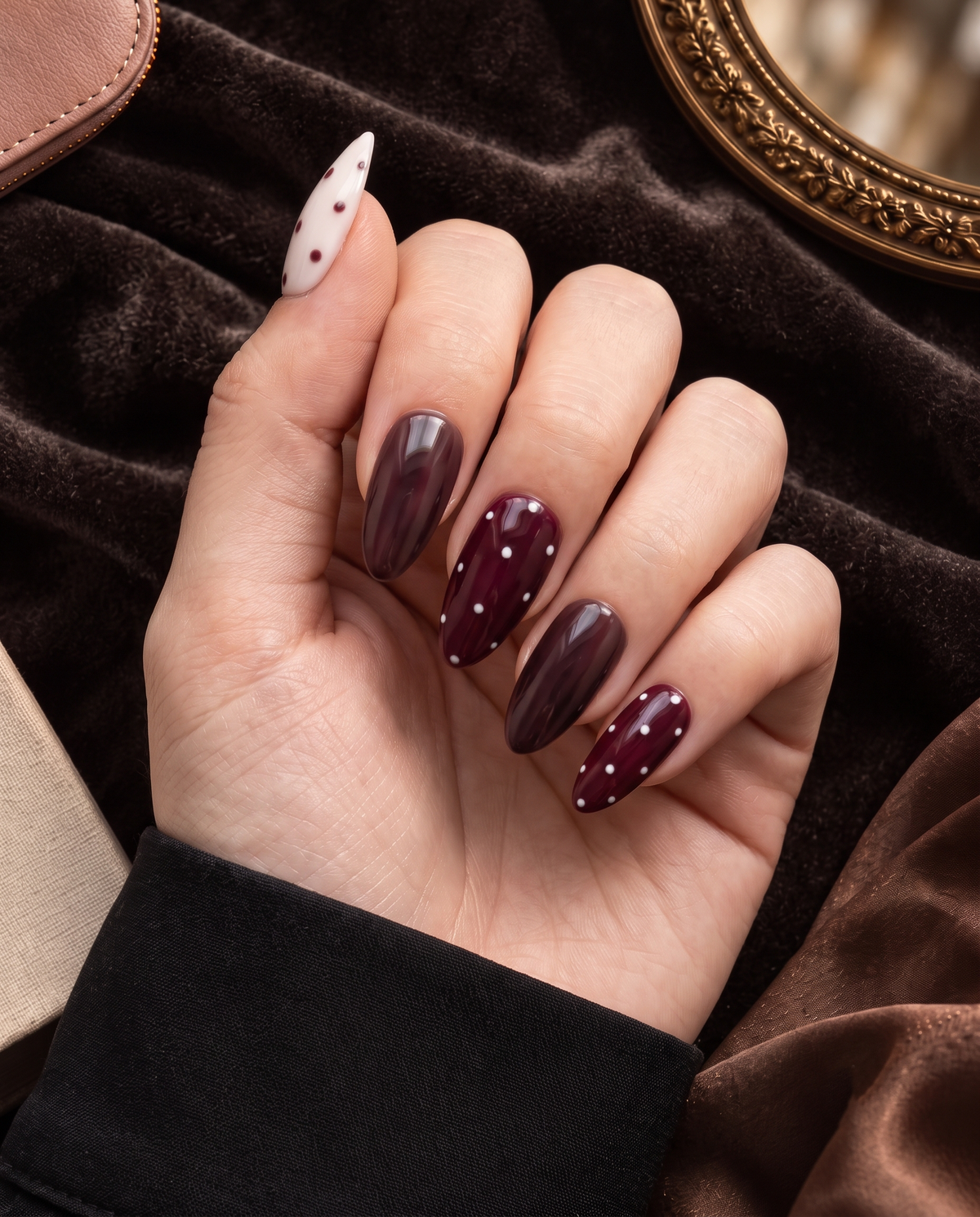 Burgundy and cream glossy polka dot almond press-on nails