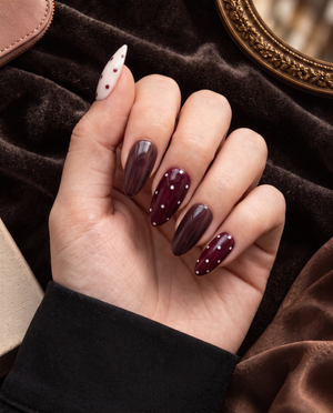 Burgundy and cream glossy polka dot almond press-on nails