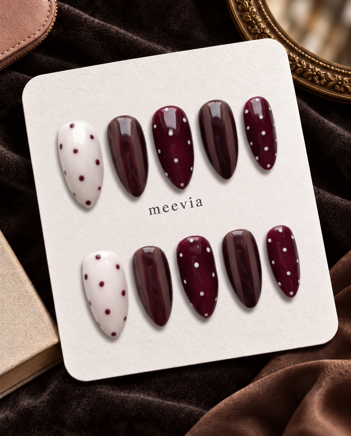 Burgundy and cream glossy polka dot almond press-on nails
