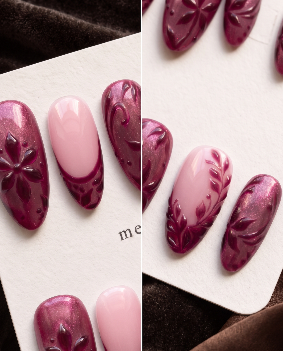 Burgundy and pink floral almond press-on nails displayed on a Meevia card