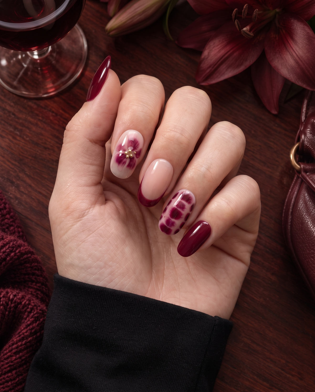 Burgundy and nude pink floral chrome press-on nails with gold embellishments