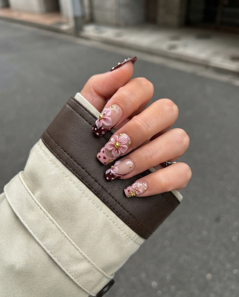 Burgundy French tip press-on nails with 3D pink flowers, gold studs, and polka dot patterns.