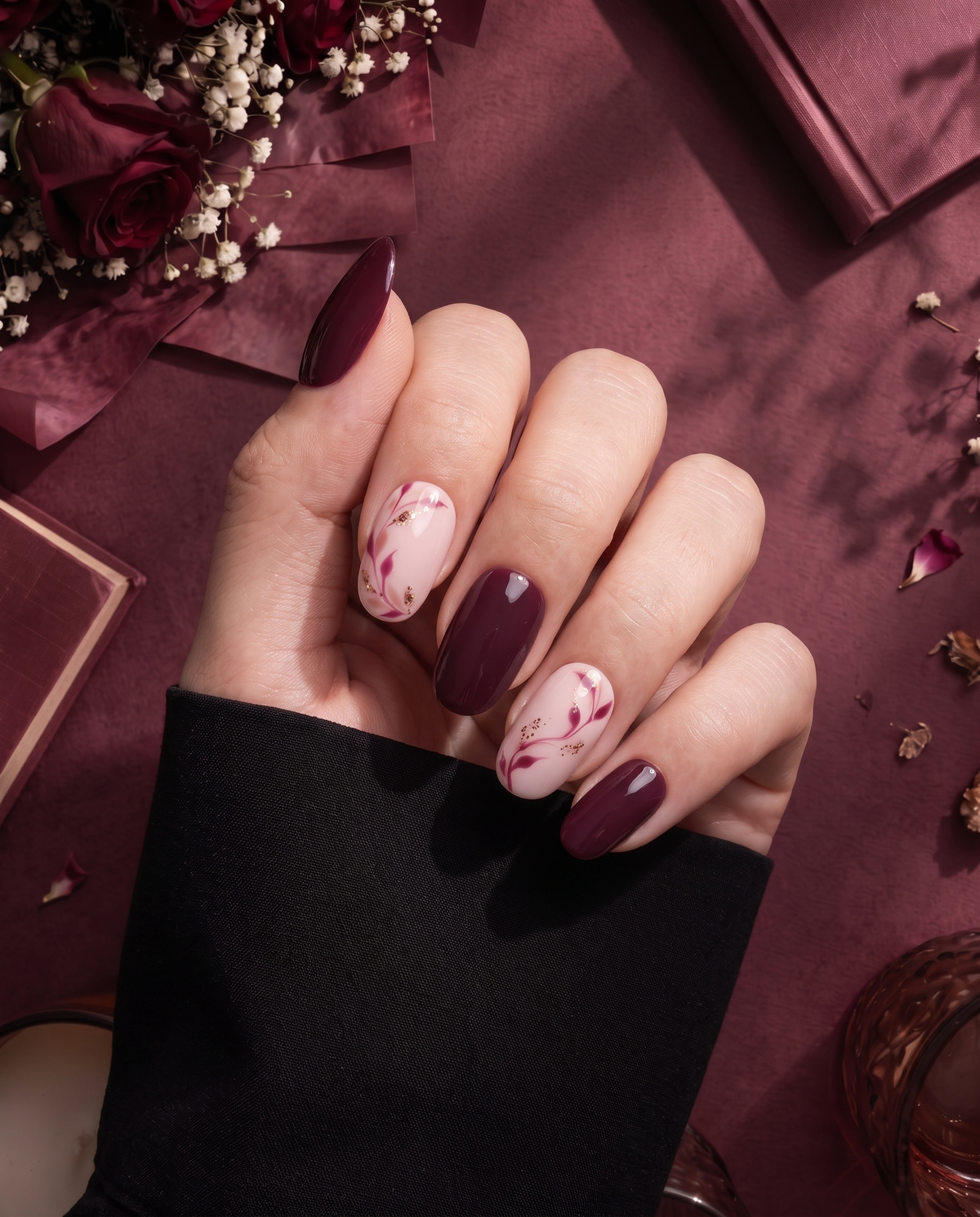 Burgundy and pink floral press-on nails with glossy finish and gold glitter accents
