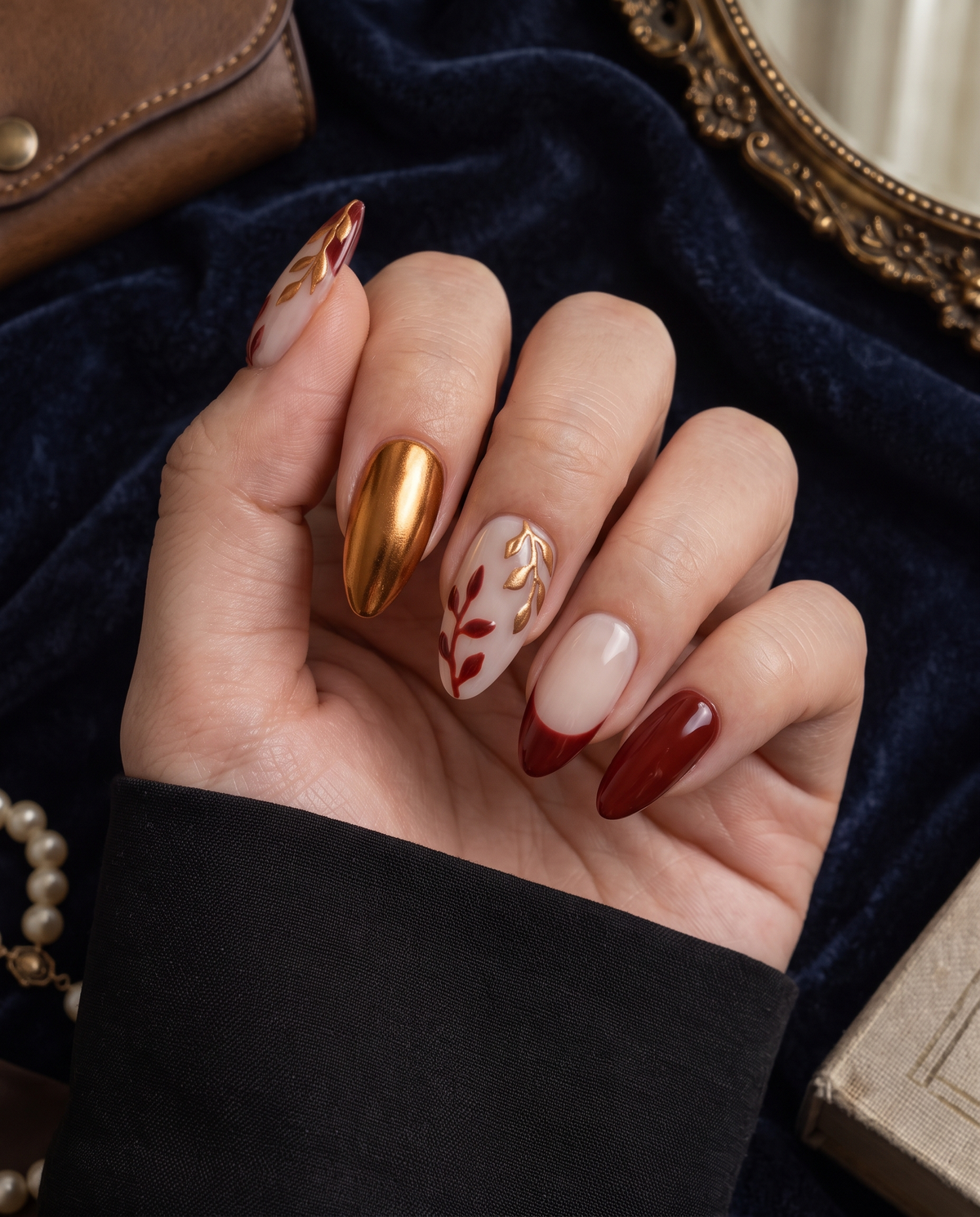 Burgundy and gold leaf floral press-on nails with nude bases and a burgundy French tip