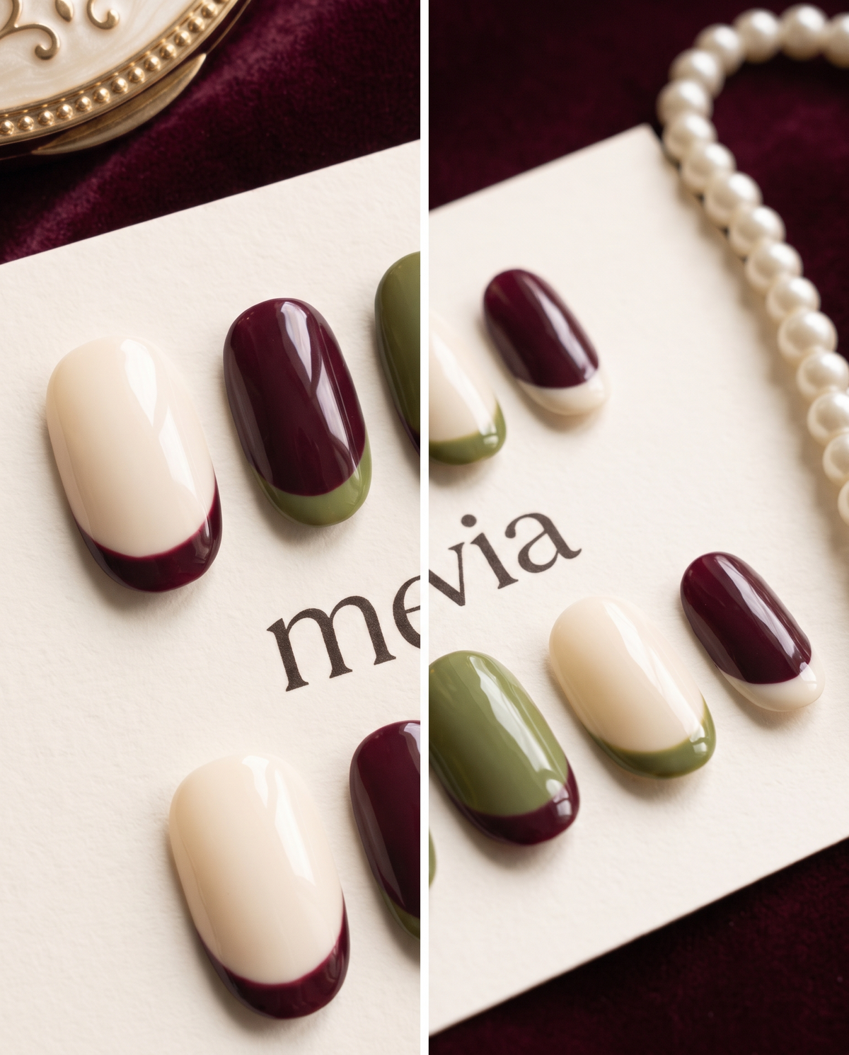 Burgundy, olive green, and cream French tip press-on nails with a glossy finish