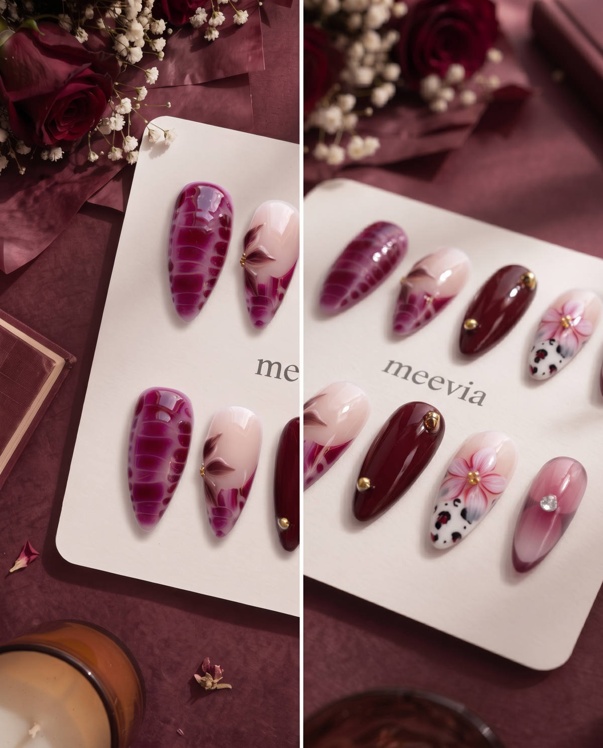 Burgundy and pink floral cow print press-on nails with glossy finish and gold embellishments