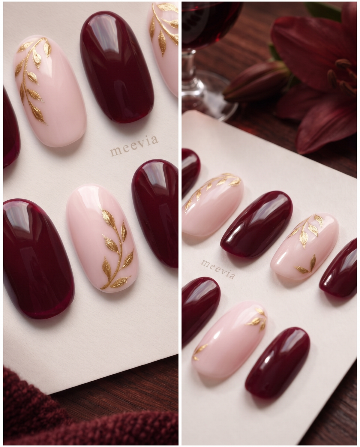 Burgundy and pink press-on nails with glossy finish and gold leaf vine details