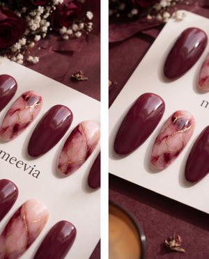 Burgundy and pink marble press-on nails with fine gold vein details