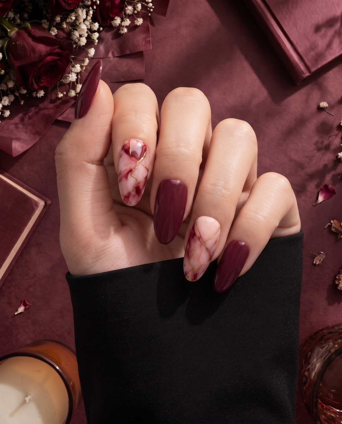 Burgundy and pink marble press-on nails with fine gold vein details