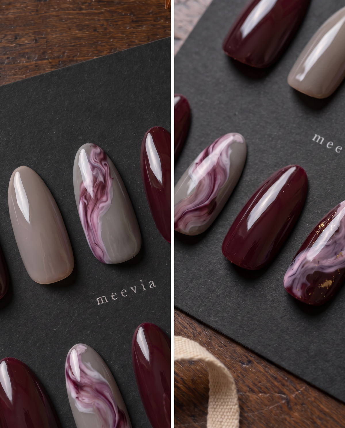 Burgundy and taupe glossy marble press-on nails with mauve swirls and gold flecks