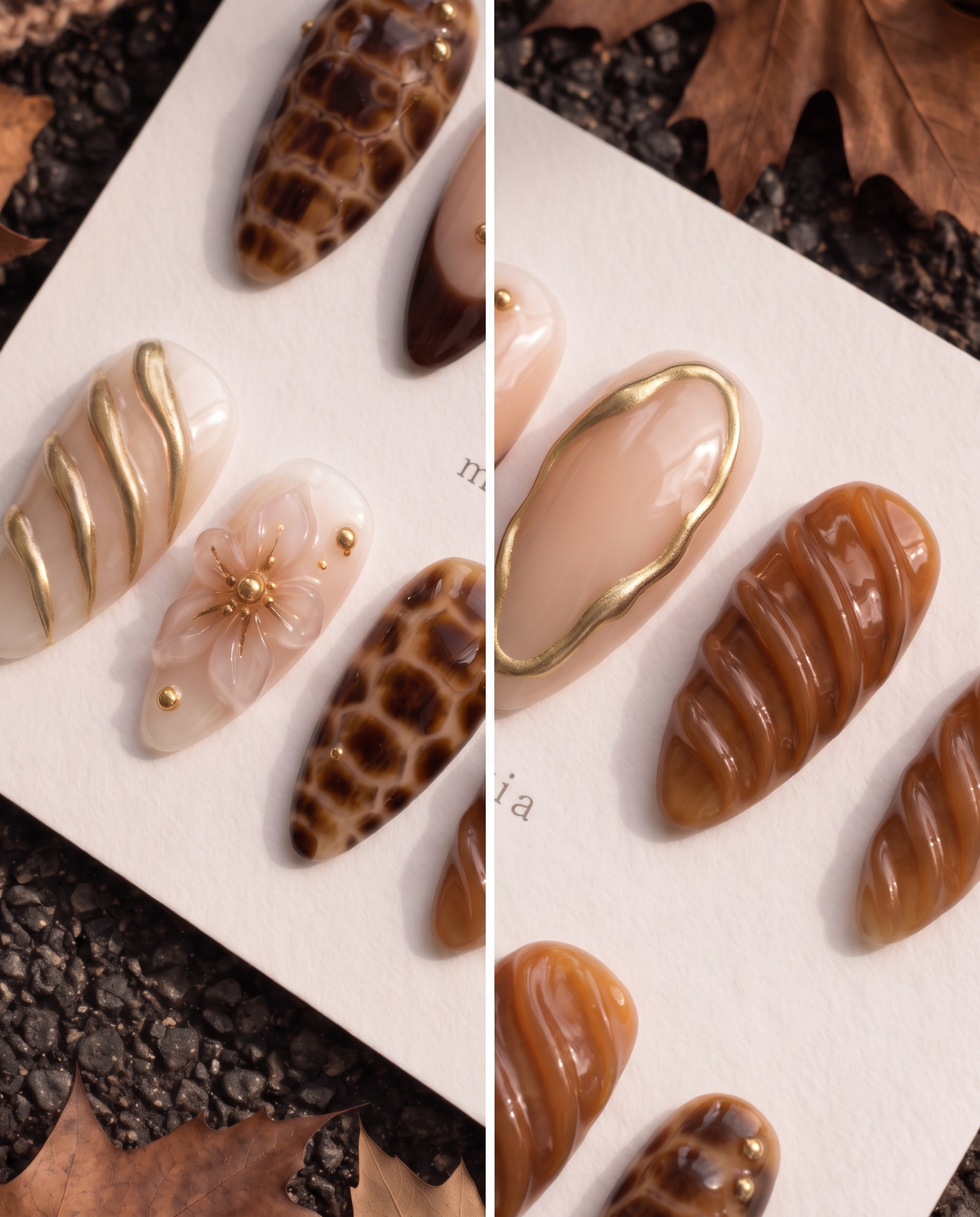 Caramel and brown tortoiseshell floral press-on nails with glossy swirls and gold accents