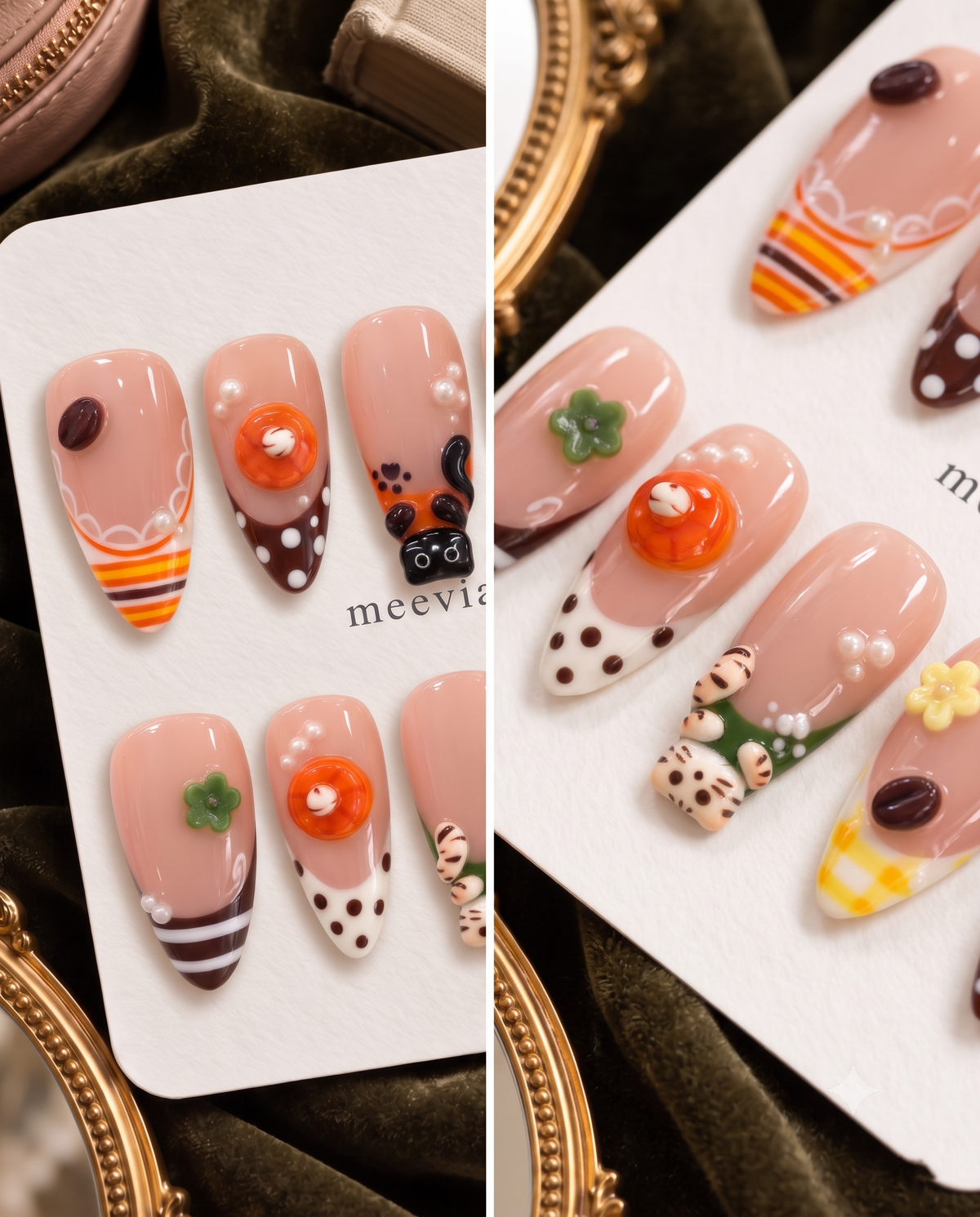 Glossy pink press-on nails with cat, dessert, flower, pearl, and gingham motifs
