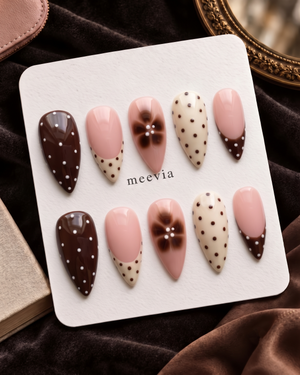 Chocolate brown, blush pink, ivory polka dot and floral French tip press-on nails