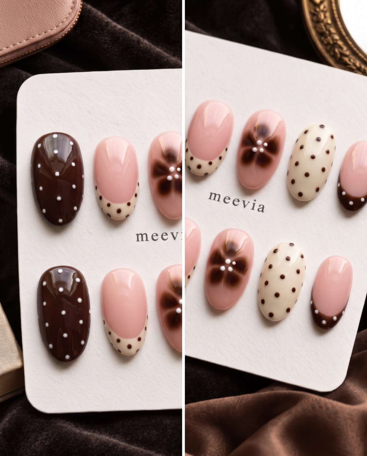 Chocolate brown, blush pink, ivory polka dot and floral French tip press-on nails