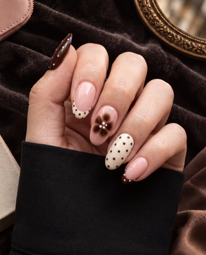Chocolate brown, blush pink, ivory polka dot and floral French tip press-on nails