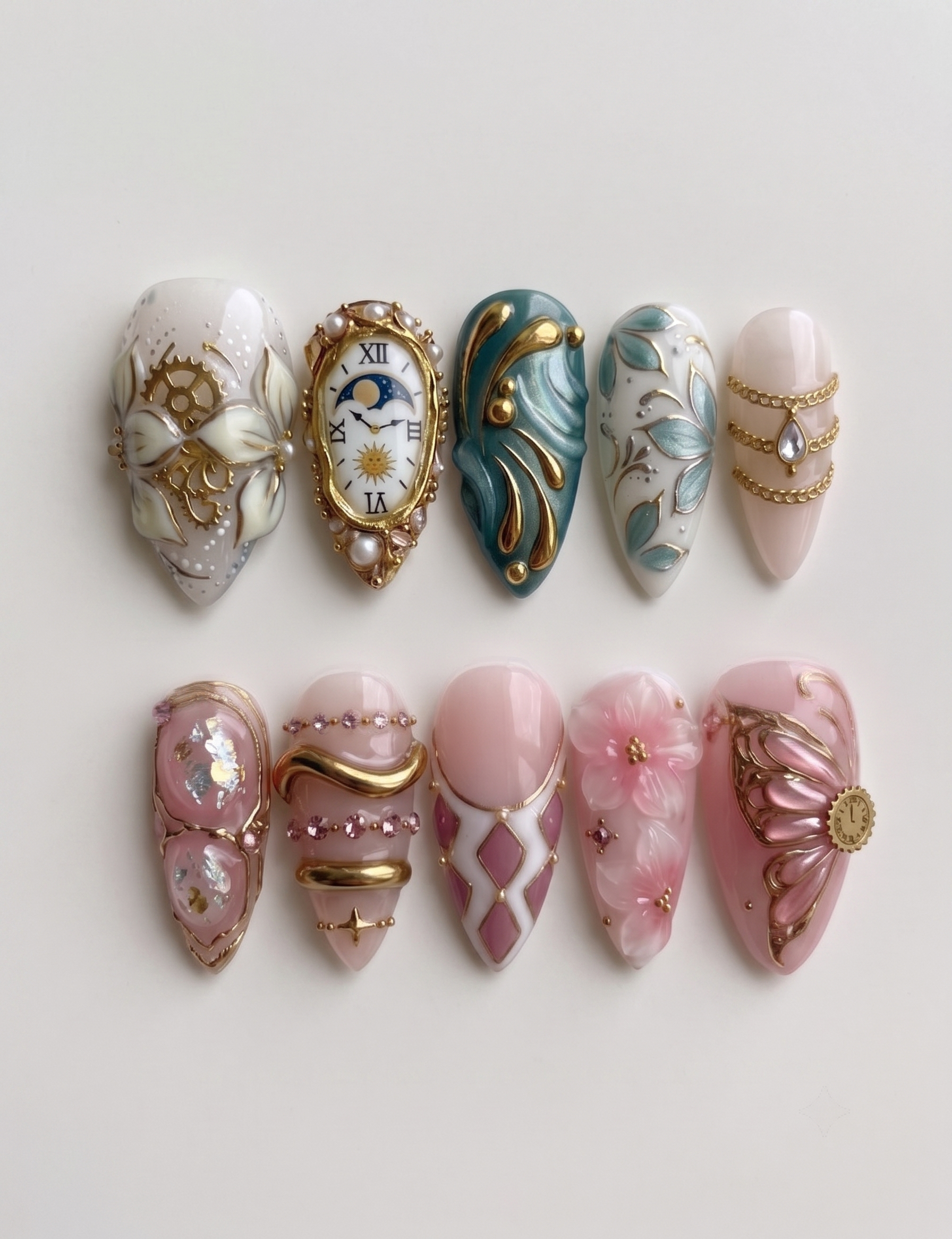 A set of stiletto press-on nails featuring clockwork, floral, and butterfly designs with gold accents.