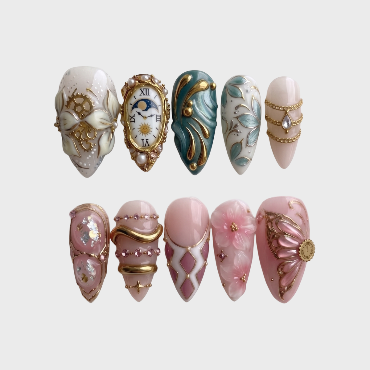 A set of stiletto press-on nails featuring clockwork, floral, and butterfly designs with gold accents.
