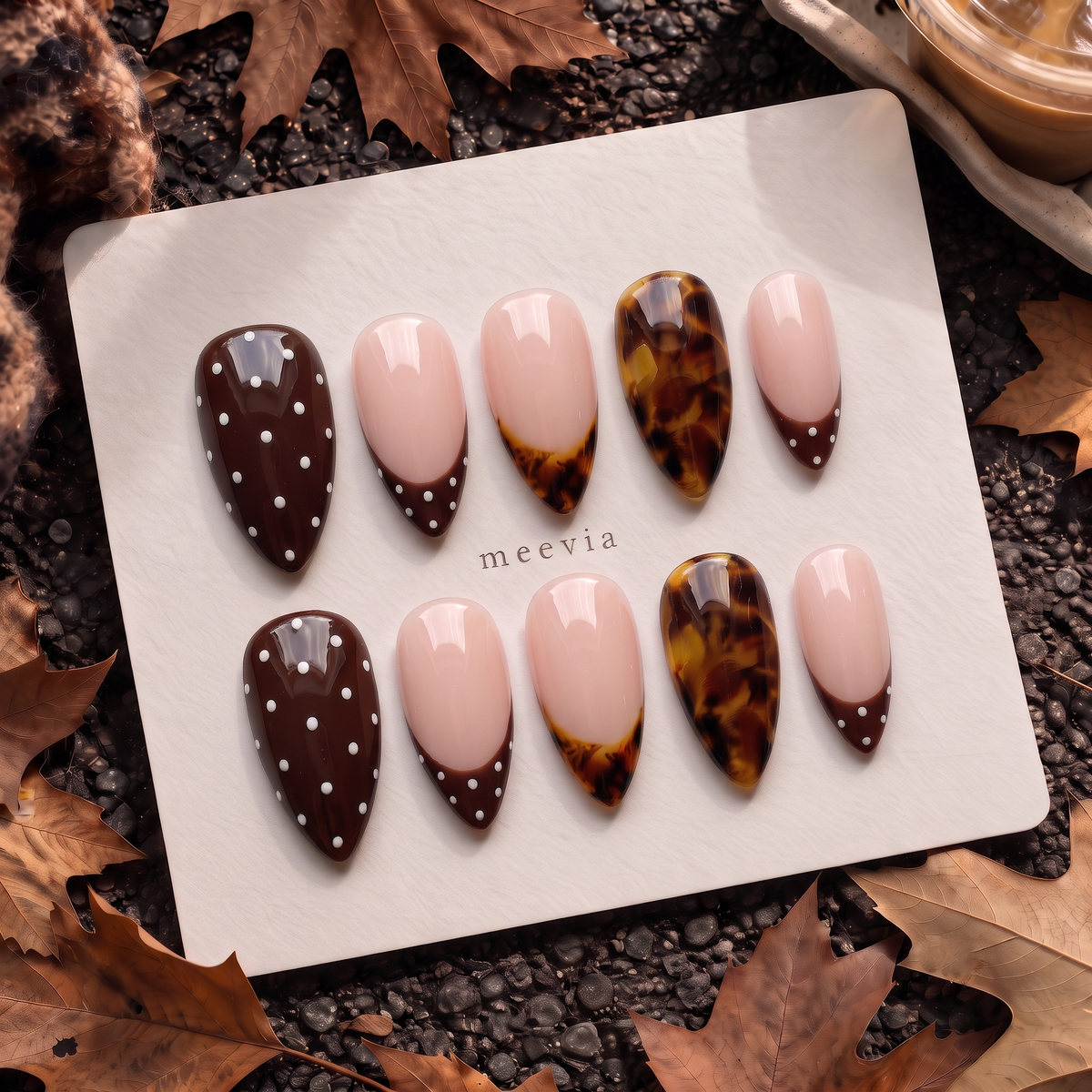 Cocoa brown and nude pink tortoiseshell dotted press-on nails