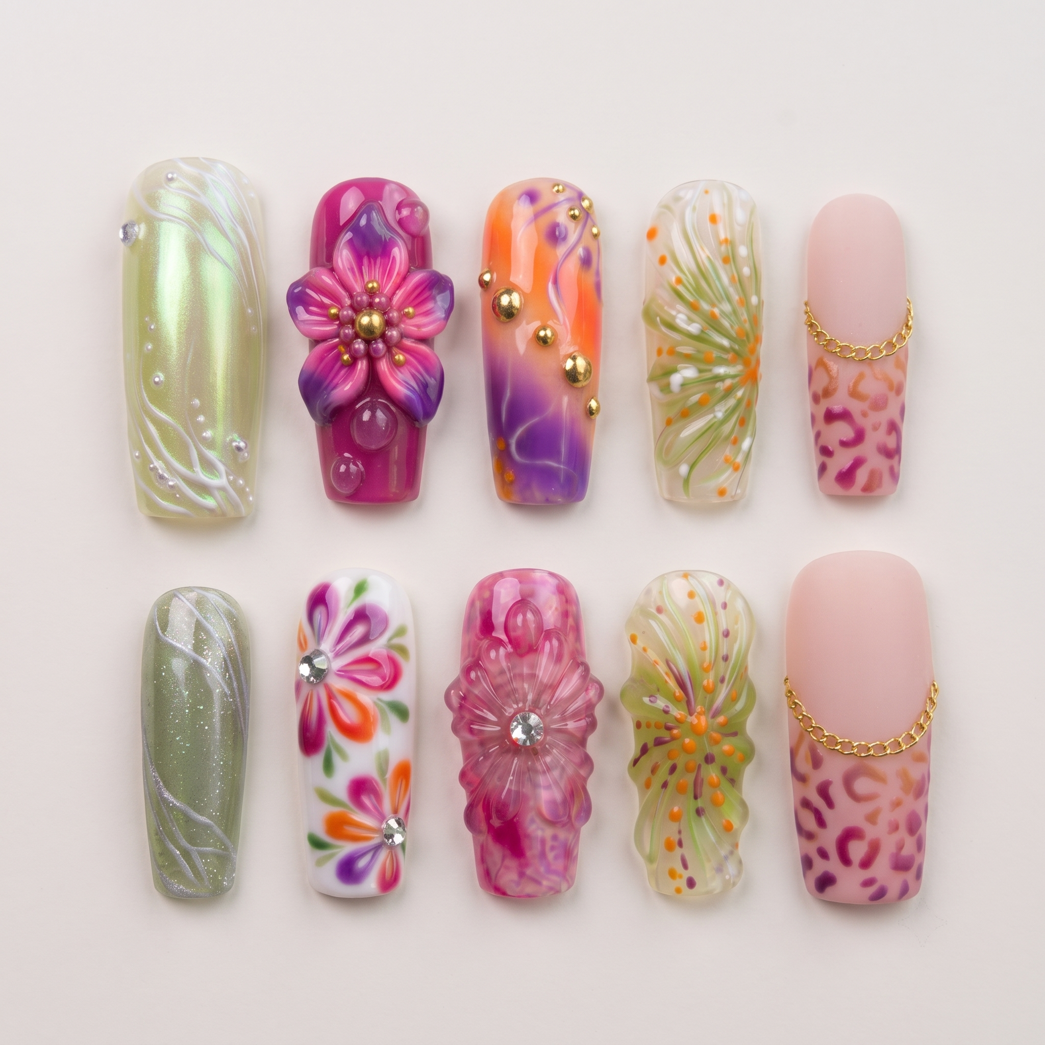 A set of press-on nails featuring floral 3D accents, leopard print patterns, rhinestones, and gold chain details.
