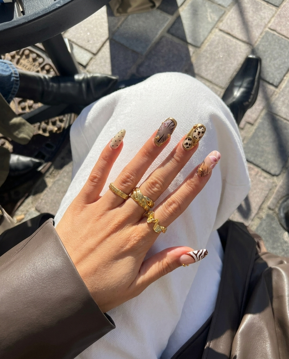 A set of safari-themed press-on nails featuring leopard print, zebra stripes, metallic gold borders, and gold bead embellishments.