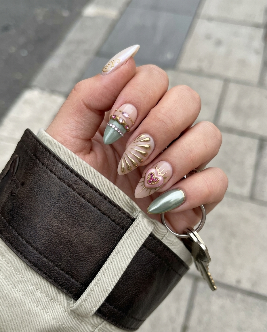 A set of eclectic press-on nails in pink, gold, and green featuring a 3D flower, face illustration, and rhinestone details.