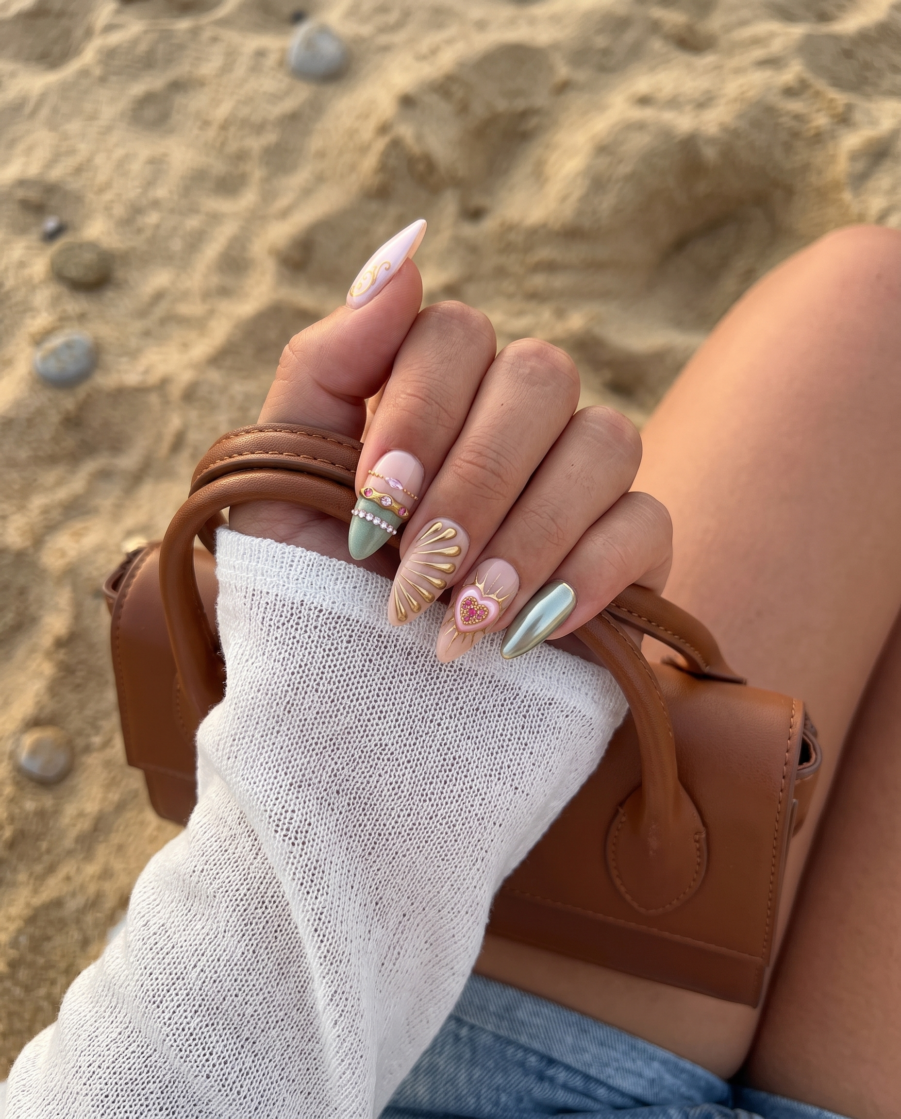 A set of eclectic press-on nails in pink, gold, and green featuring a 3D flower, face illustration, and rhinestone details.