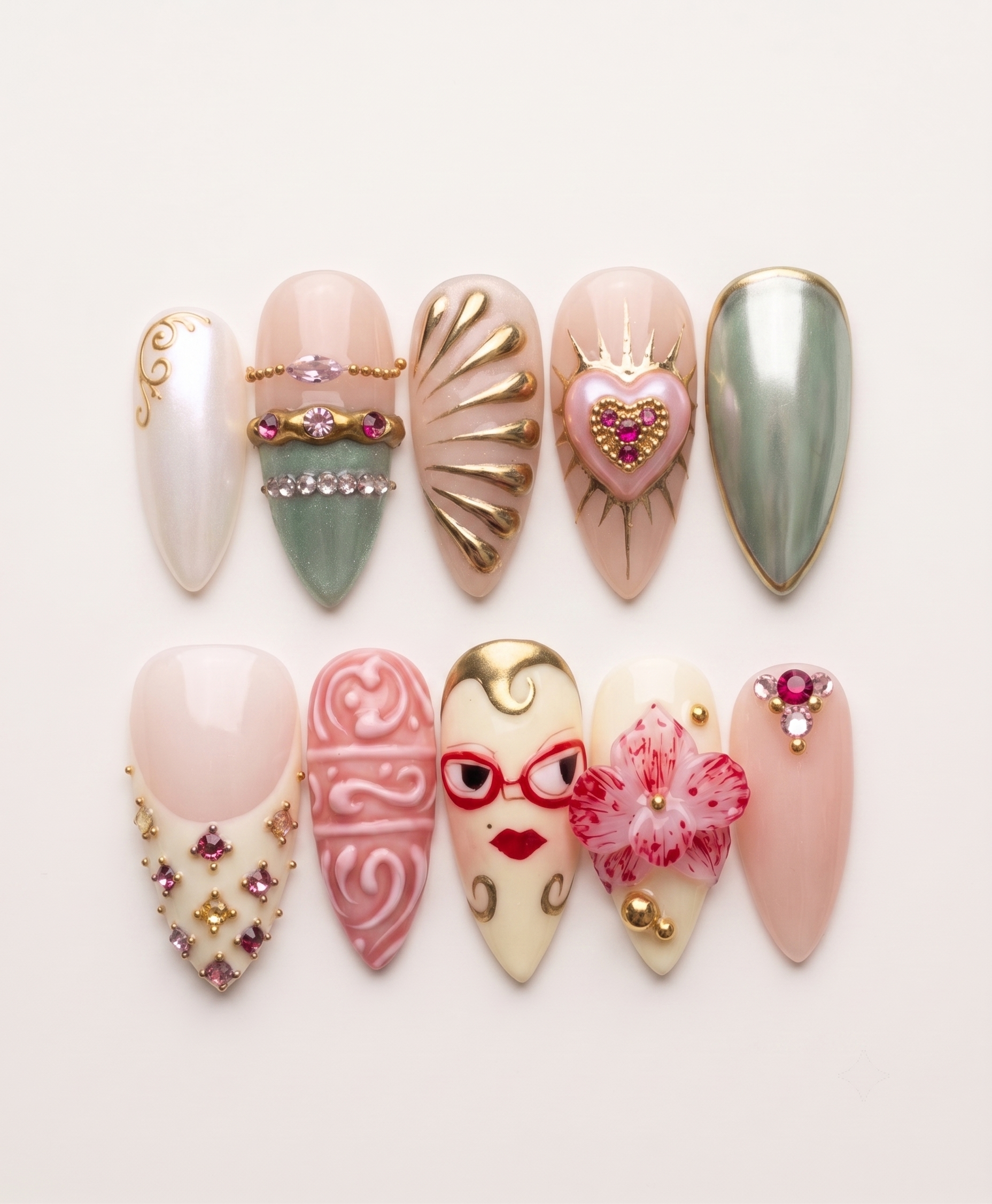 A set of eclectic press-on nails in pink, gold, and green featuring a 3D flower, face illustration, and rhinestone details.