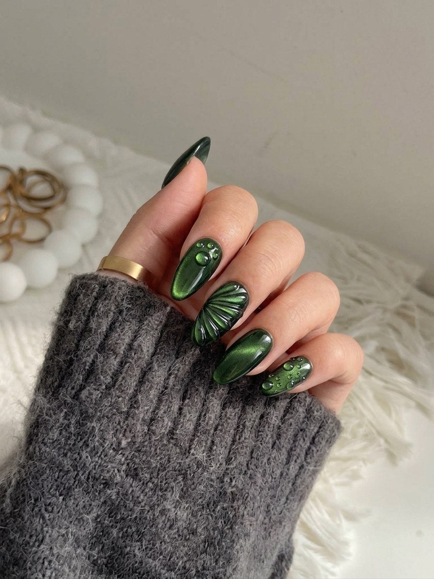 Emerald Cat Eye Water Drop Press-On Nails