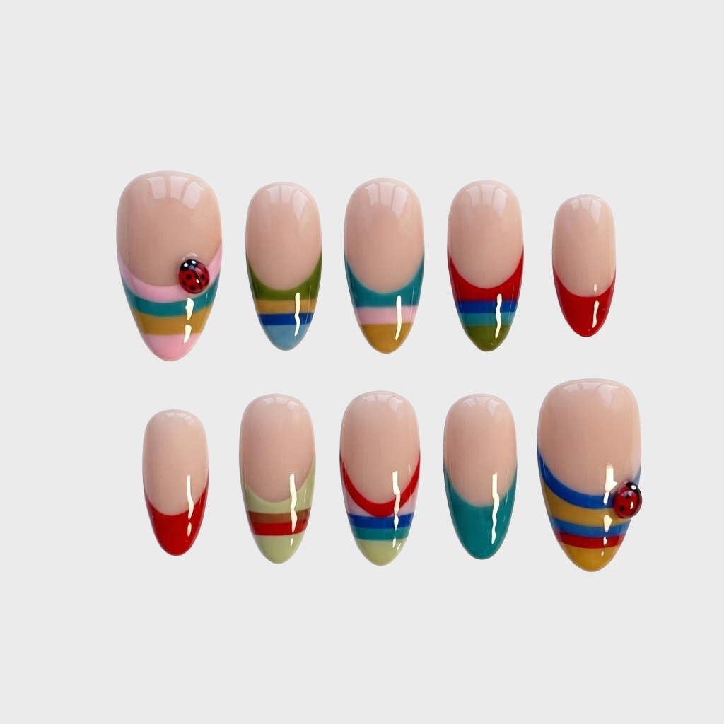 Ladybug Striped French Tip Nail Set
