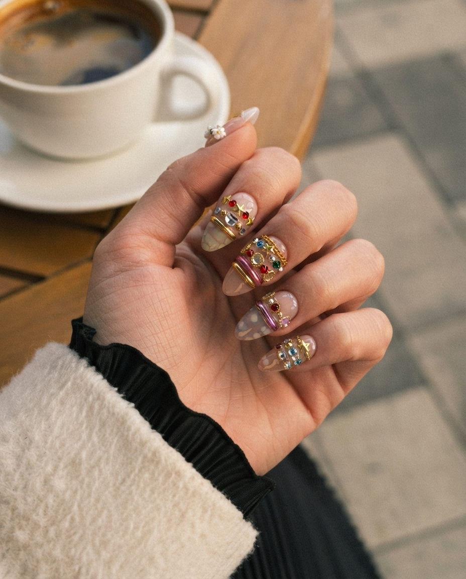A set of ten nude press-on nails decorated with colorful rhinestones, gold chains, silver bands, white flower charms, and pastel patterns.