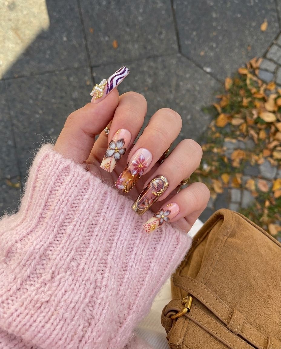 Set of almond-shaped press-on nails featuring pink and white colors, gold leopard print patterns, raised bows, and rhinestone embellishments.