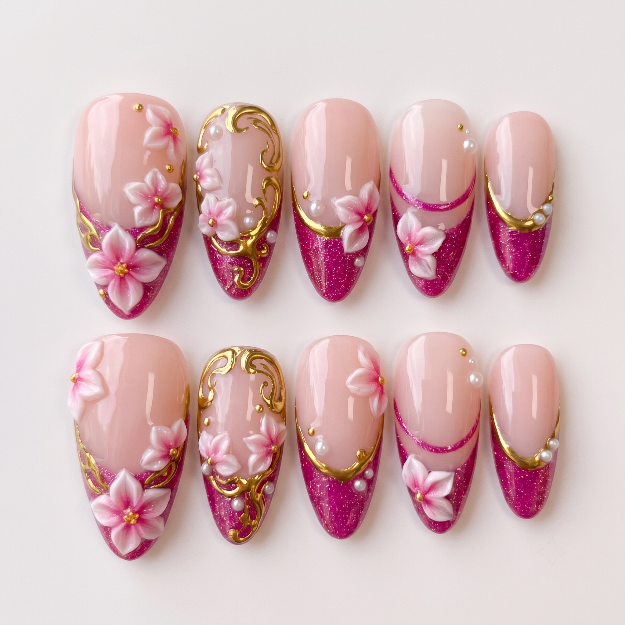 A set of magenta glitter French tip press-on nails decorated with 3D floral designs, gold filigree, and small white pearls.
