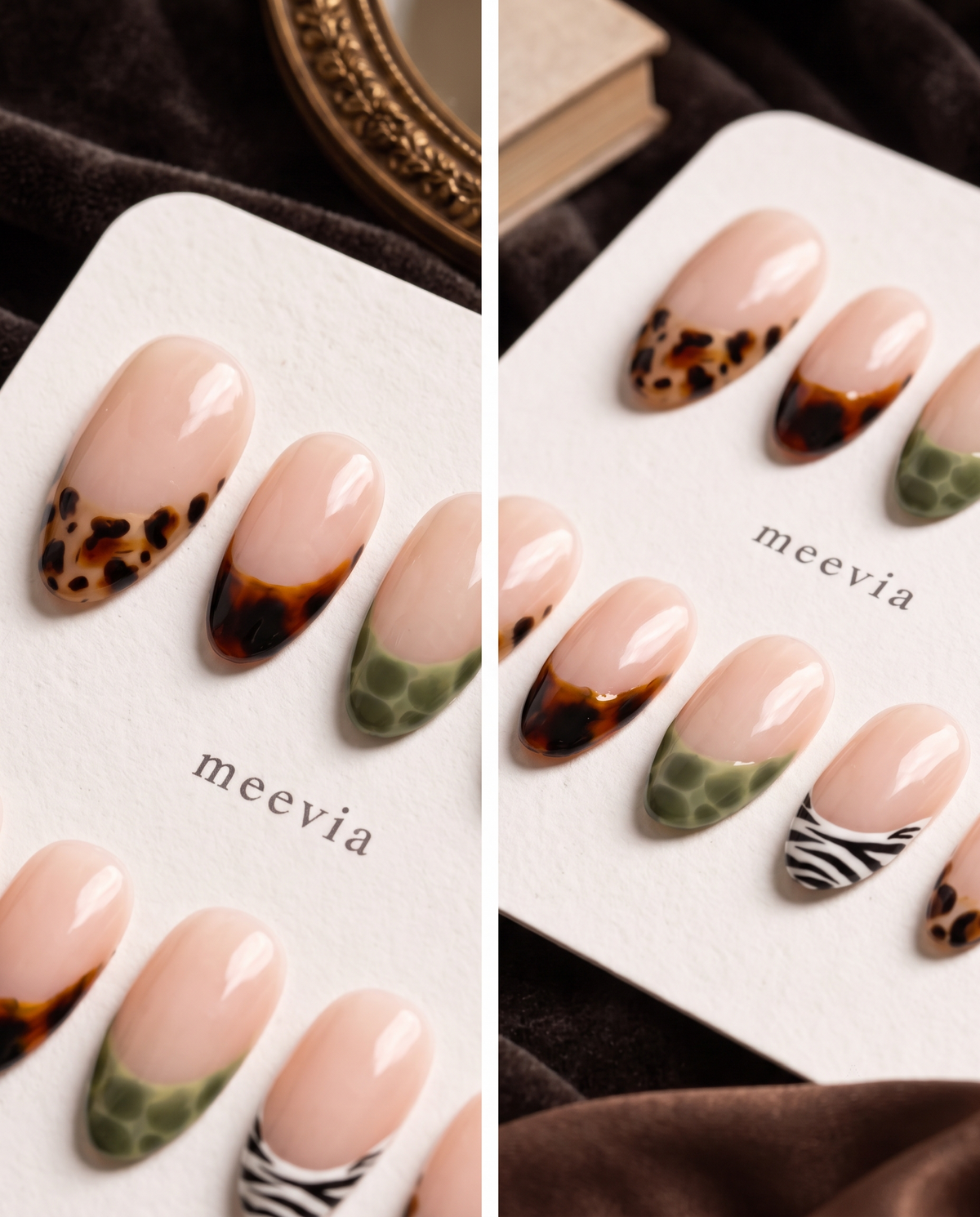 Glossy nude press-on nails with mixed tortoiseshell, olive, and zebra print French tips