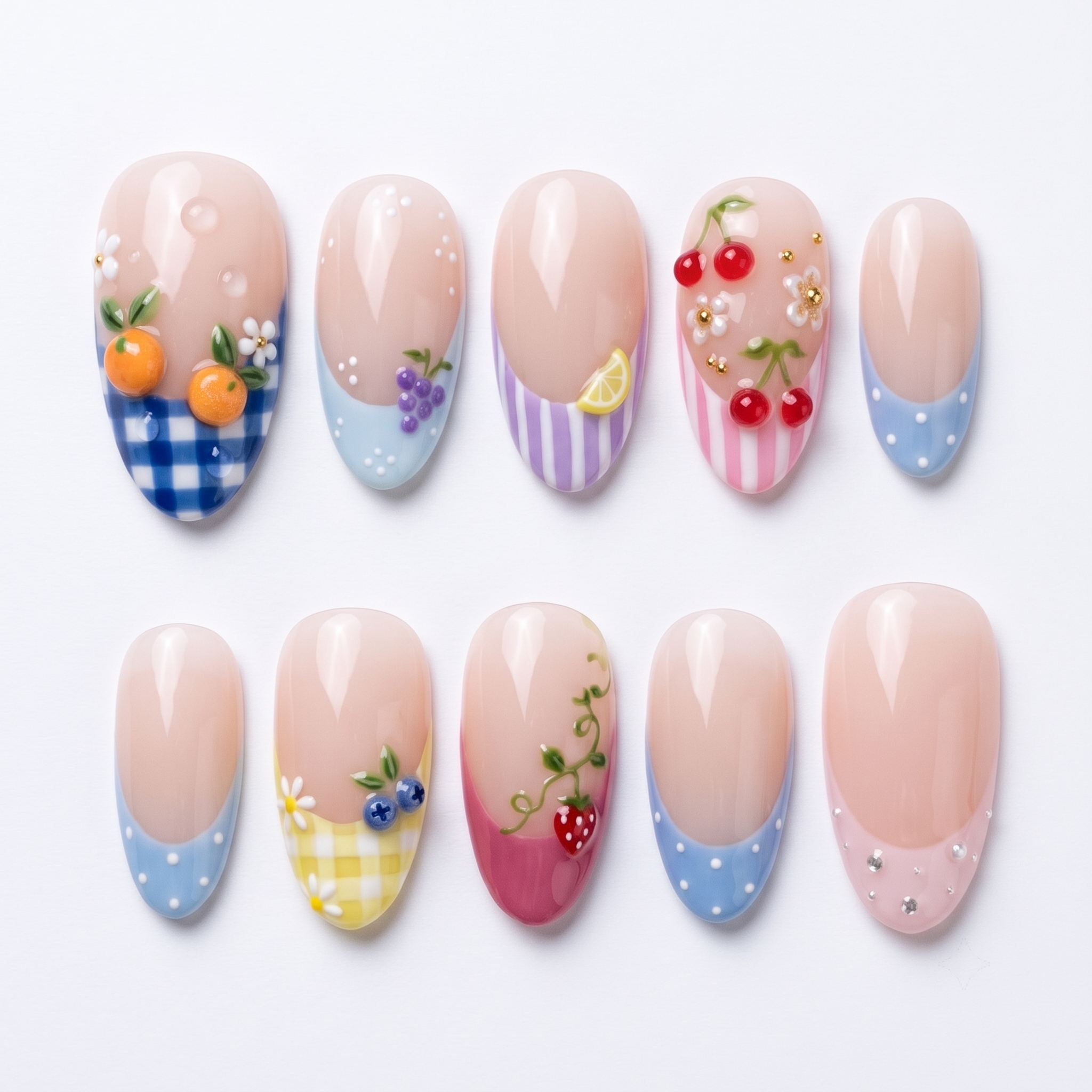 A set of press-on nails featuring gingham patterns, fruit motifs like oranges and cherries, and French tips on a white background.