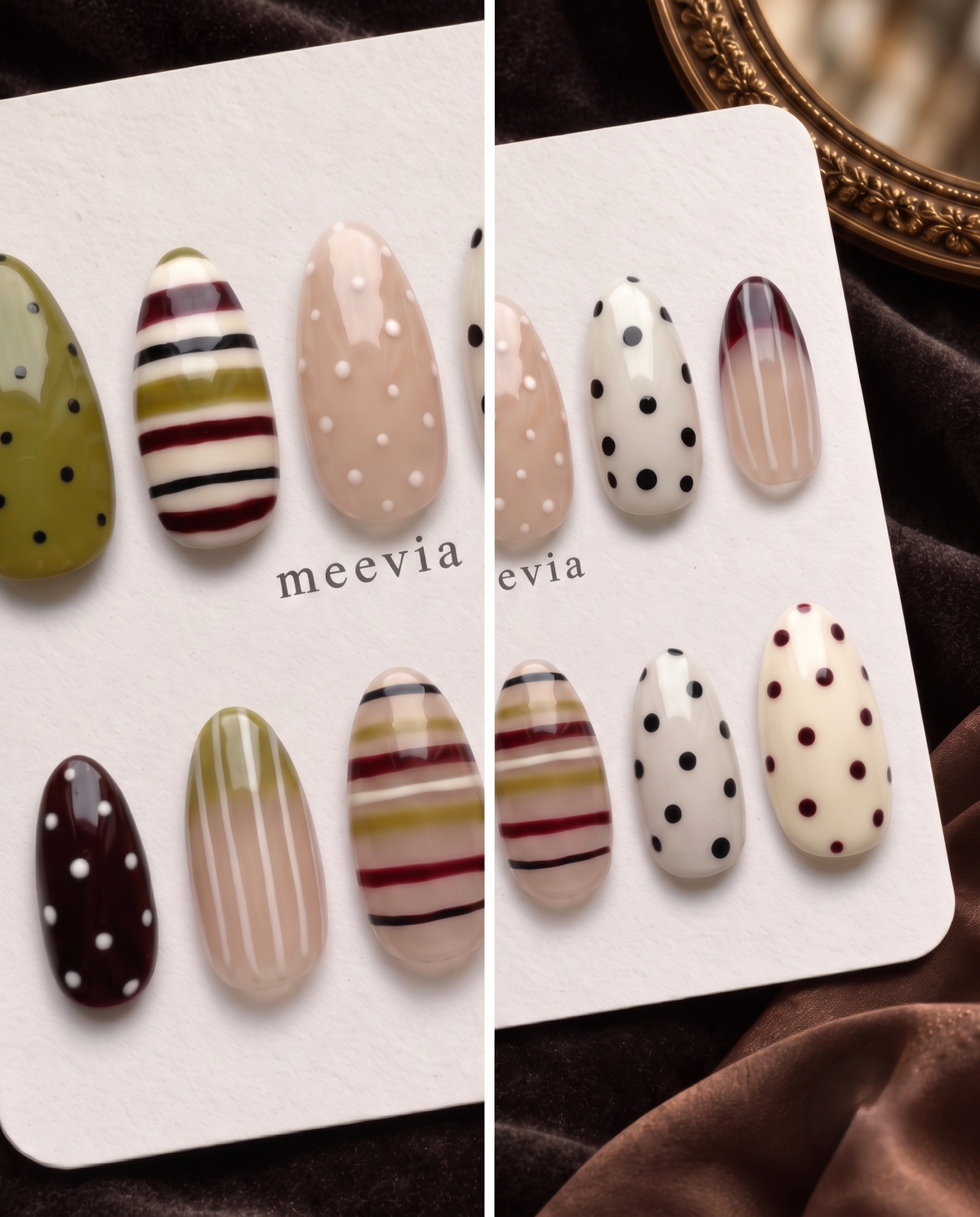 Mixed-pattern neutral press-on nails with olive, cream, nude, burgundy, black stripes and polka dots