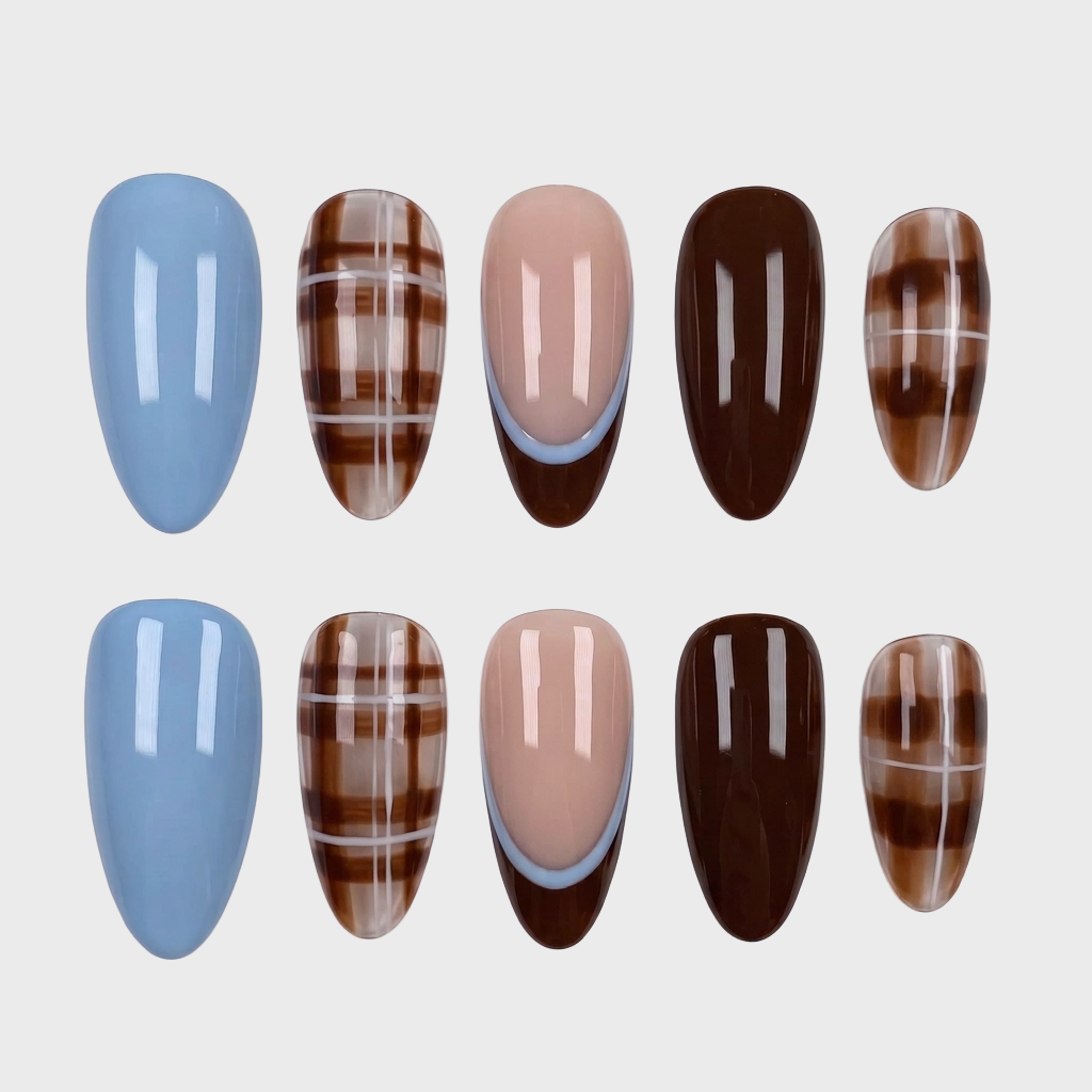 A set of press-on nails featuring solid light blue, solid chocolate brown, brown plaid patterns, and nude nails with light blue French tips.