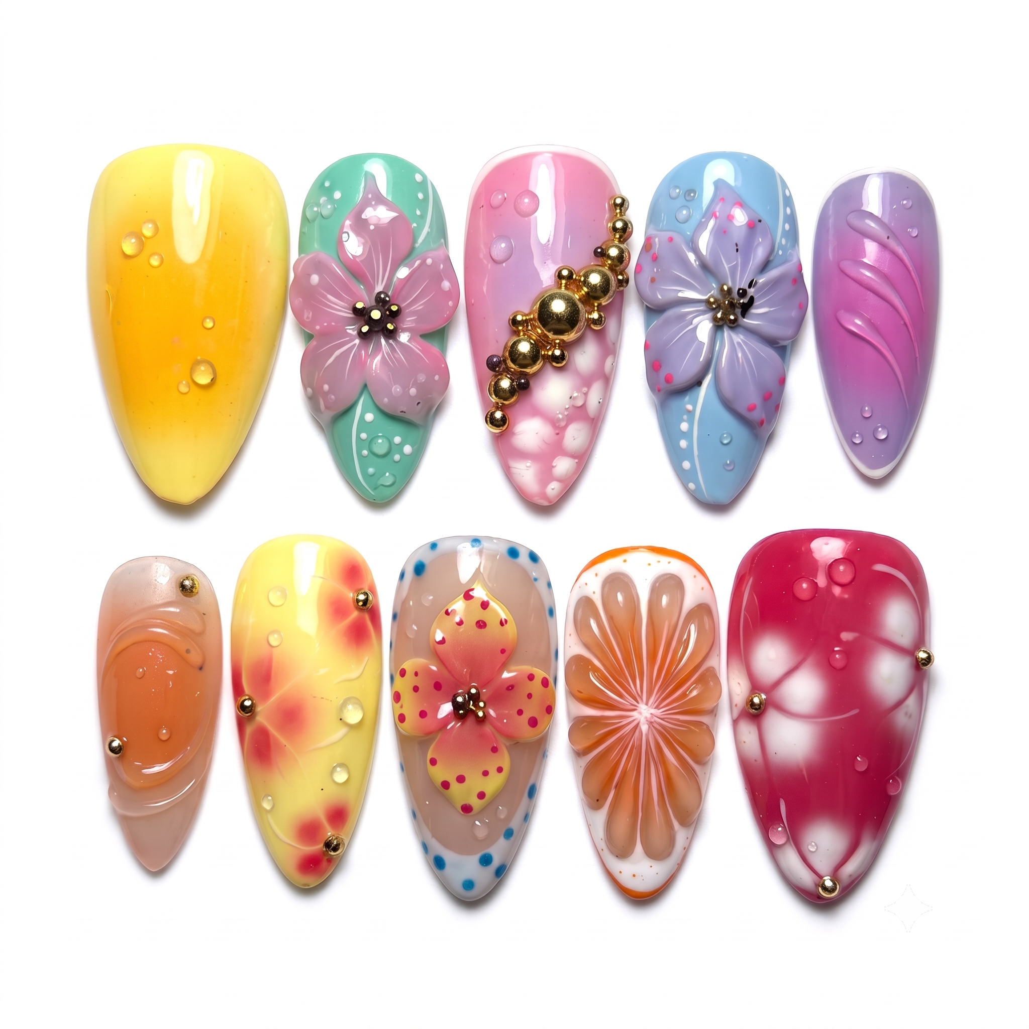 A collection of colorful press-on nails featuring 3D floral designs, water droplets, and gold bead embellishments.