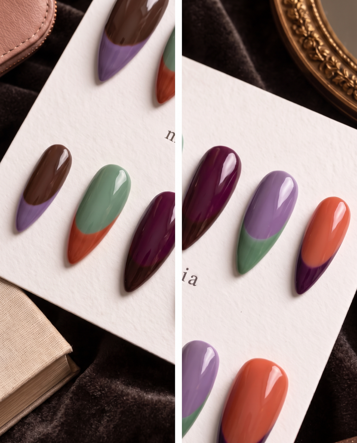Multicolor glossy French tip press-on nails in brown, lavender, sage green, plum, and orange