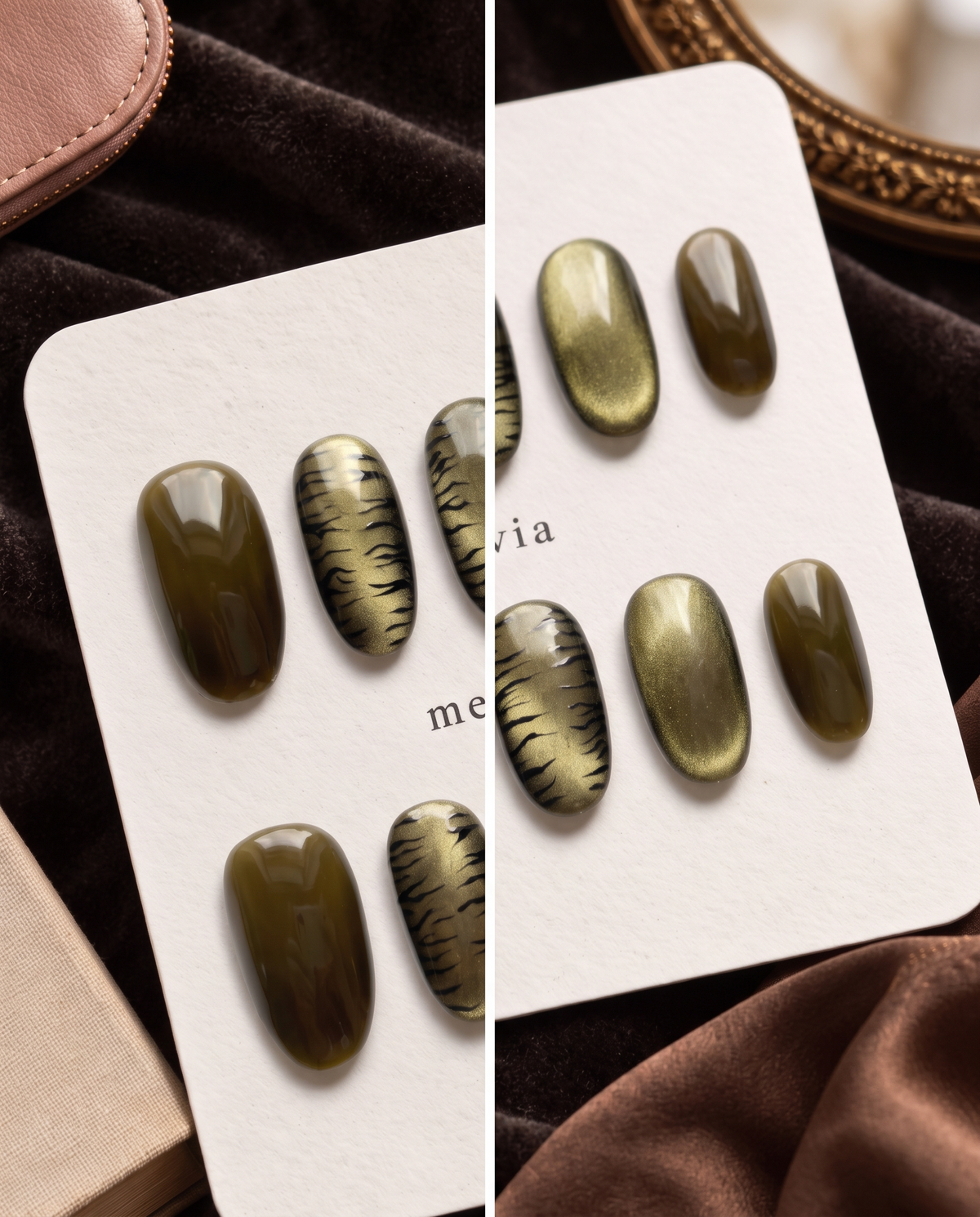 Olive cat-eye and black tiger-print press-on nails displayed on a white card