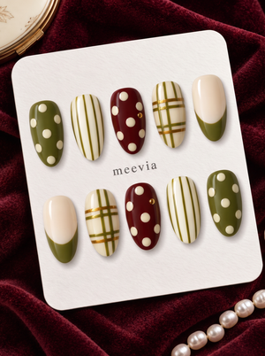 Olive green and burgundy plaid and polka dot press-on nails with glossy finish