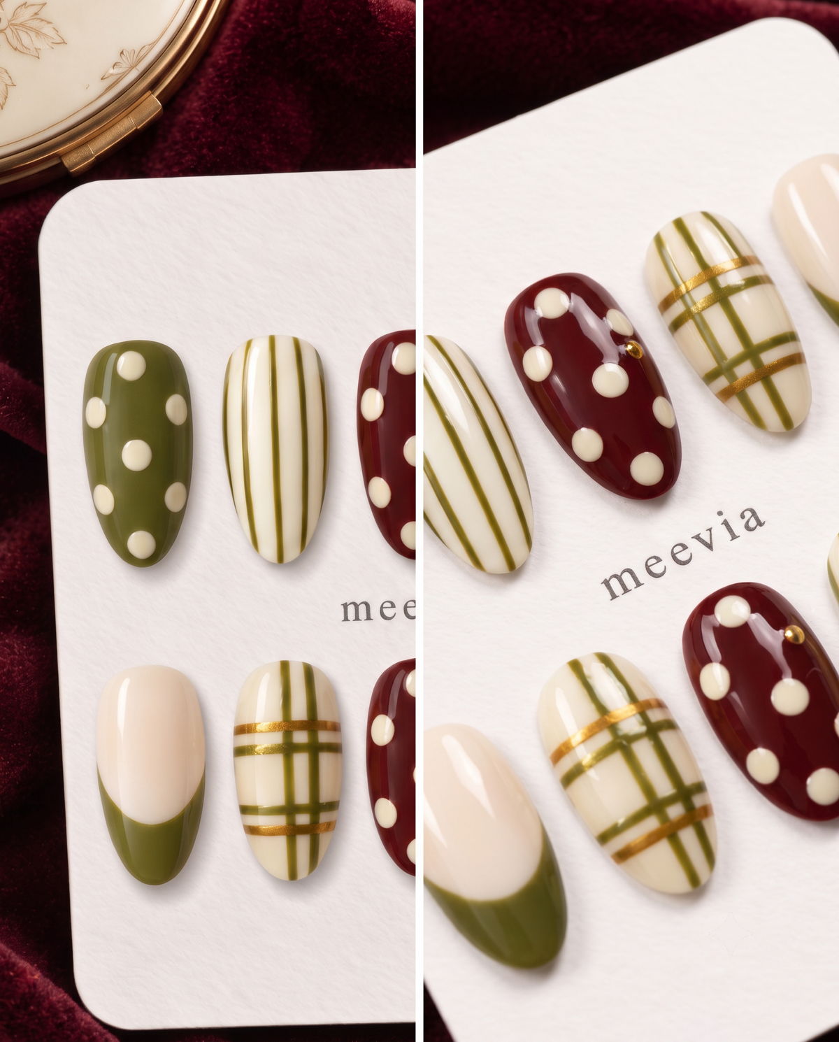 Olive green and burgundy plaid and polka dot press-on nails with glossy finish
