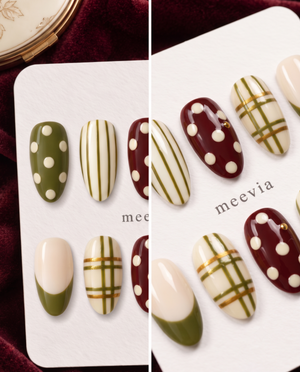 Olive green and burgundy plaid and polka dot press-on nails with glossy finish