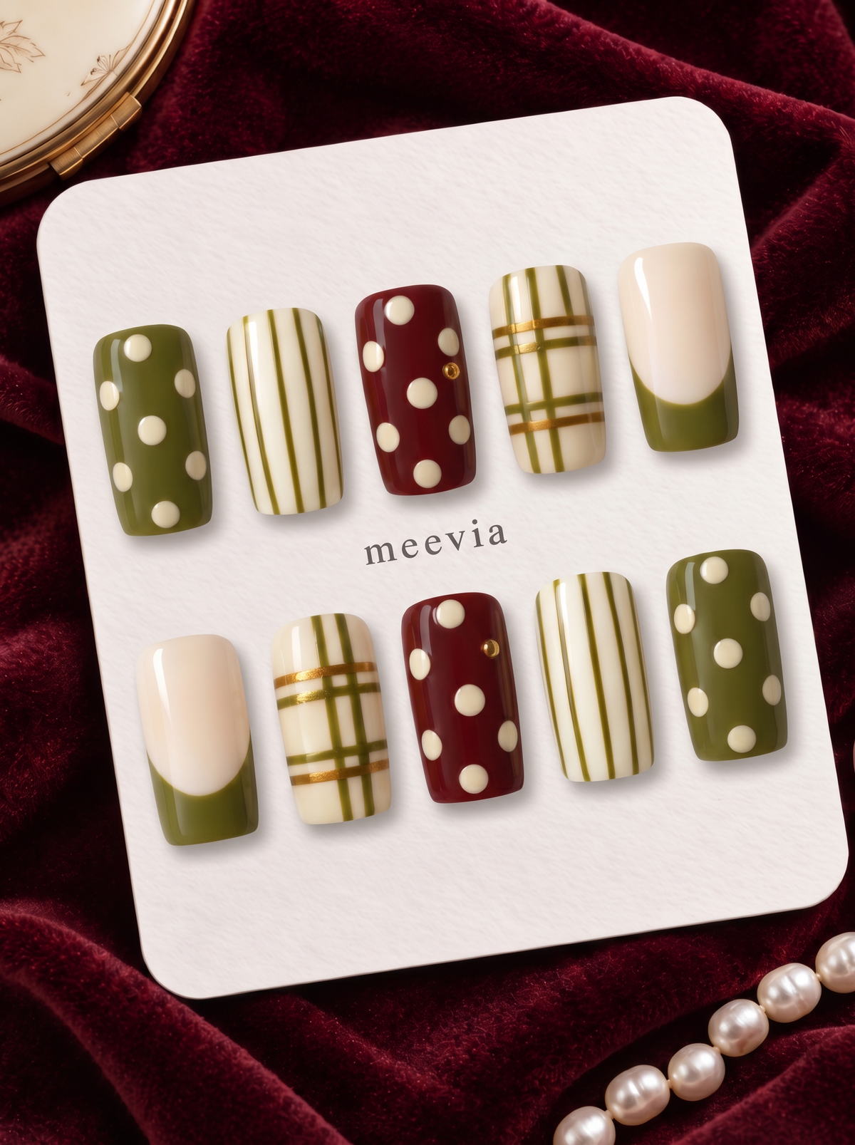 Olive green and burgundy plaid and polka dot press-on nails with glossy finish