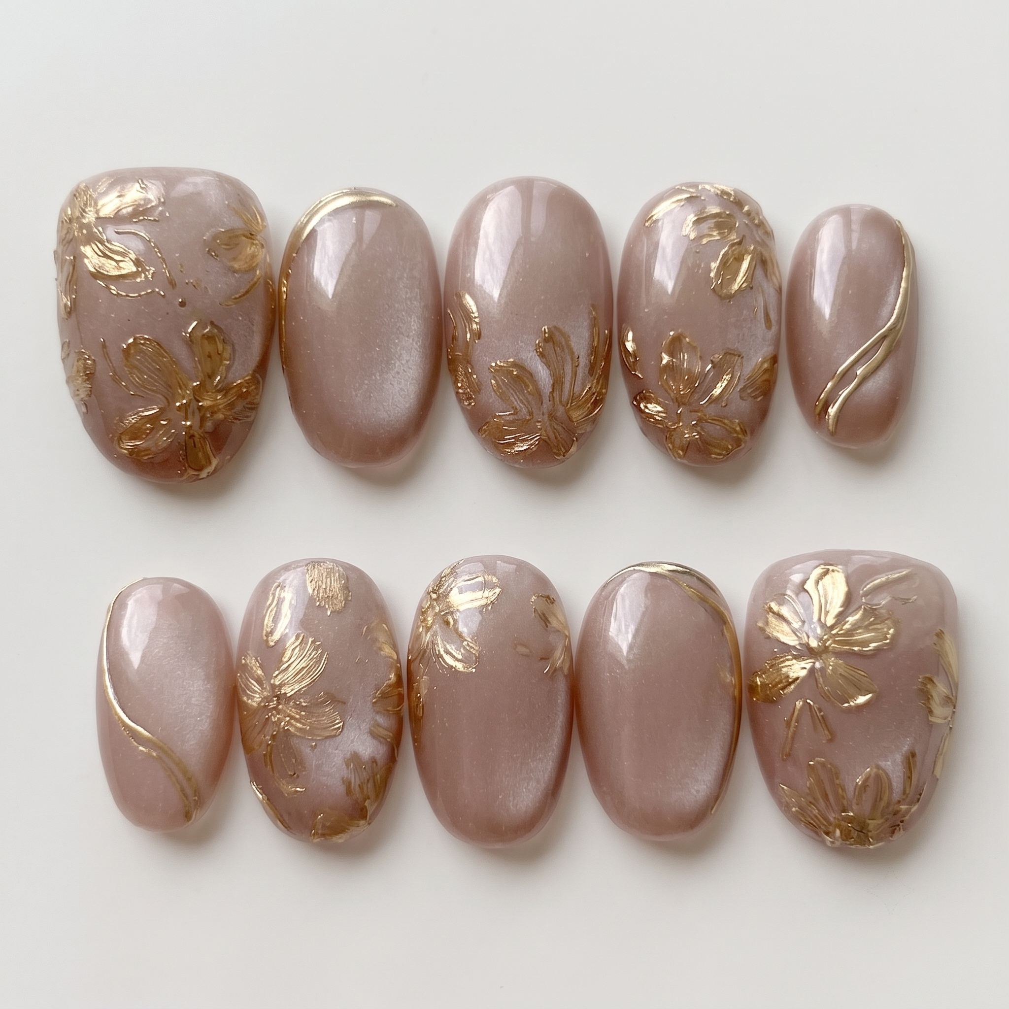 A set of oval press-on nails featuring a dusty pink shimmer base decorated with 3D metallic gold flowers and gold line accents.