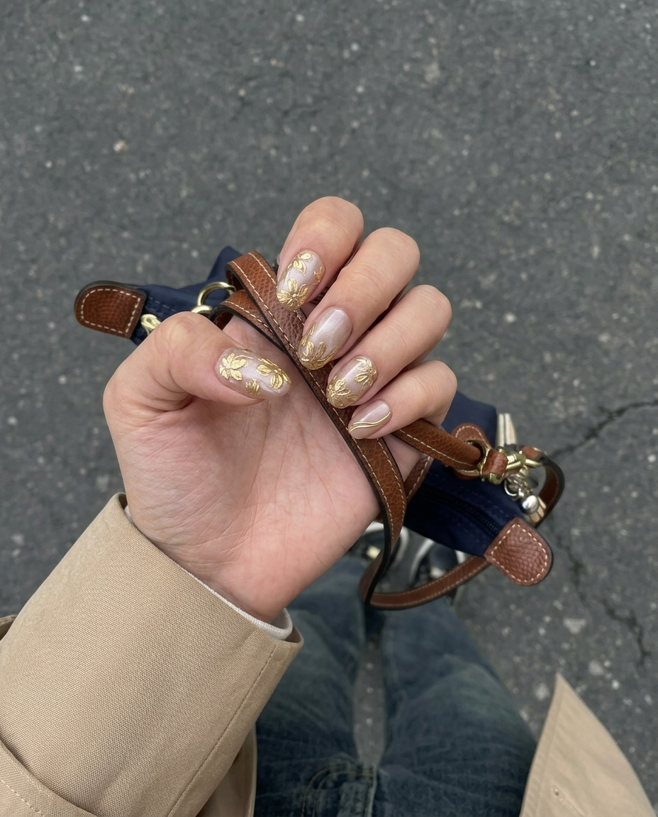 A set of oval press-on nails featuring a dusty pink shimmer base decorated with 3D metallic gold flowers and gold line accents.