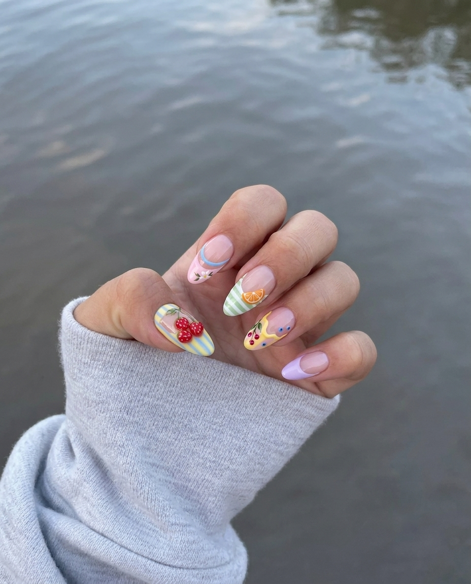 Pastel French tip press-on nails featuring 3d strawberries, blueberries, orange slices, and small daisy designs.