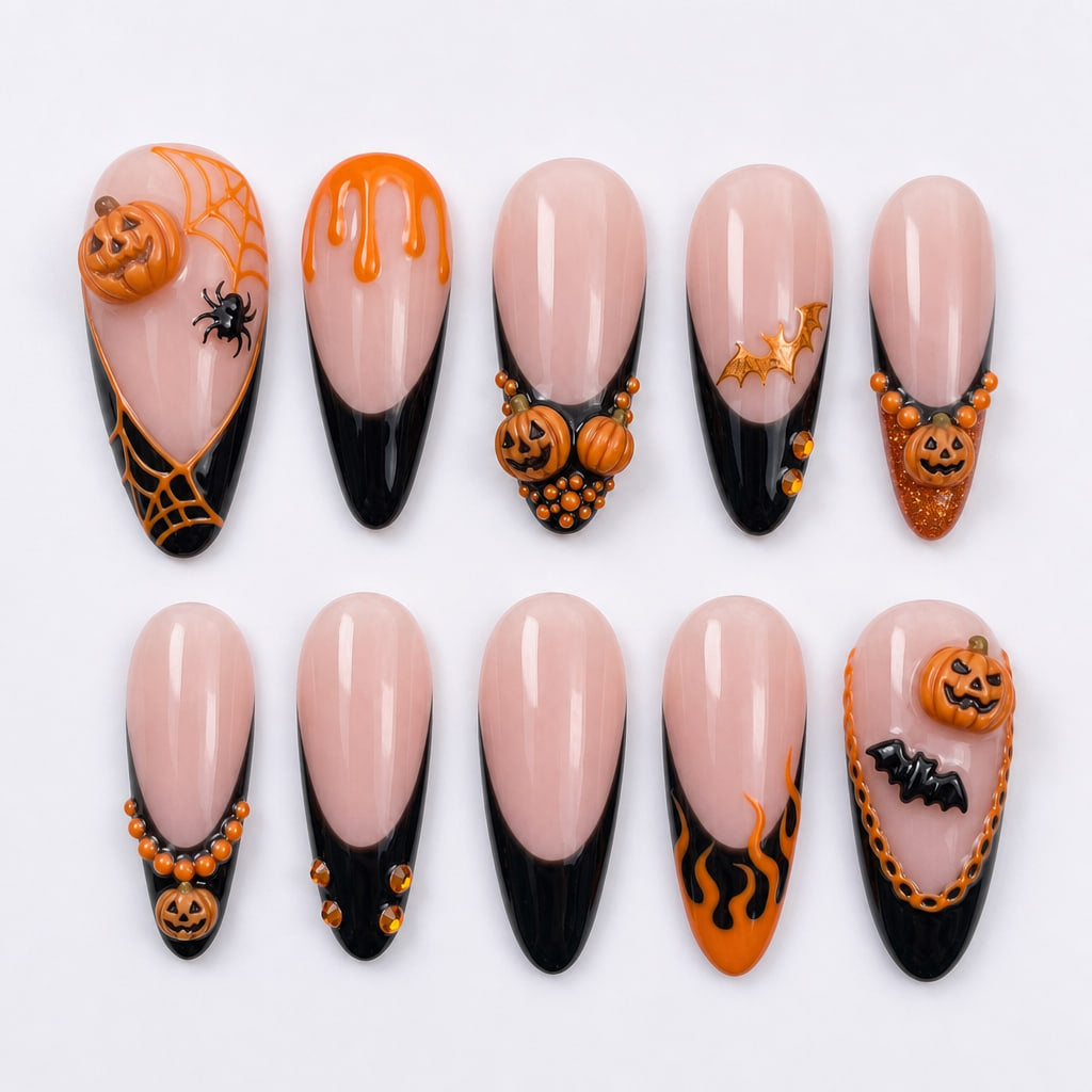 Halloween themed press-on nails with black French tips, 3D pumpkins, bat charms, flames, and spider web designs.